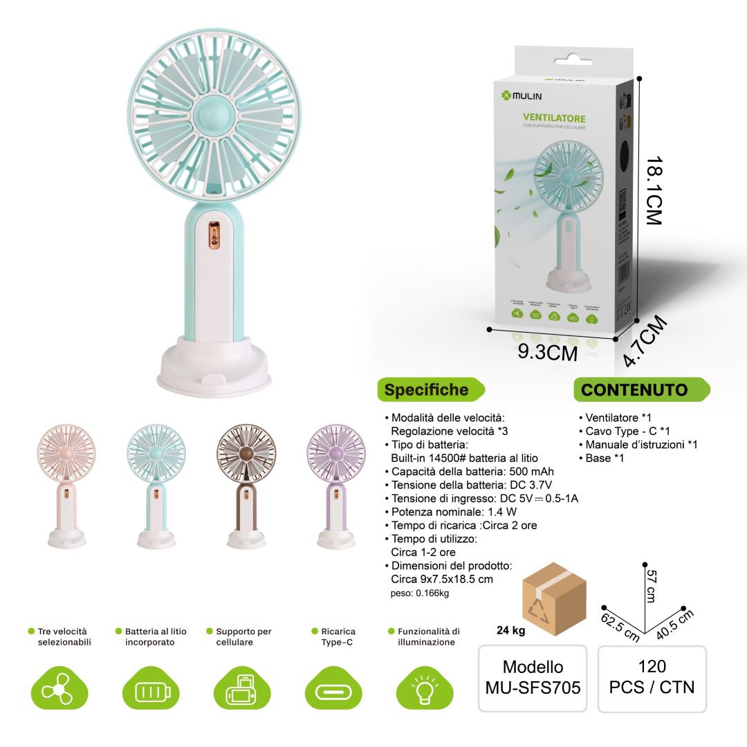 MINI VENTILATORE PORTATILE CON SUPPORTO PER SMARTPHONE