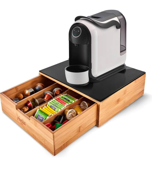 PORTA CIALDE IN LEGNO CON CASSETTO E RIPIANO IN VETRO (30X30X10cm)