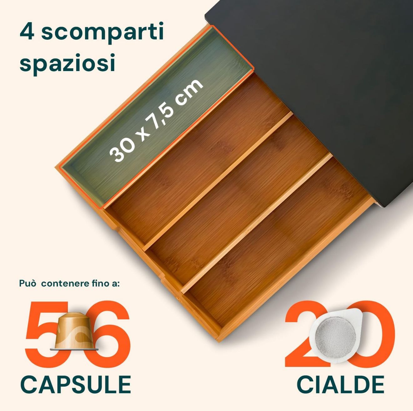 PORTA CIALDE IN LEGNO CON CASSETTO E RIPIANO IN VETRO (30X30X10cm)