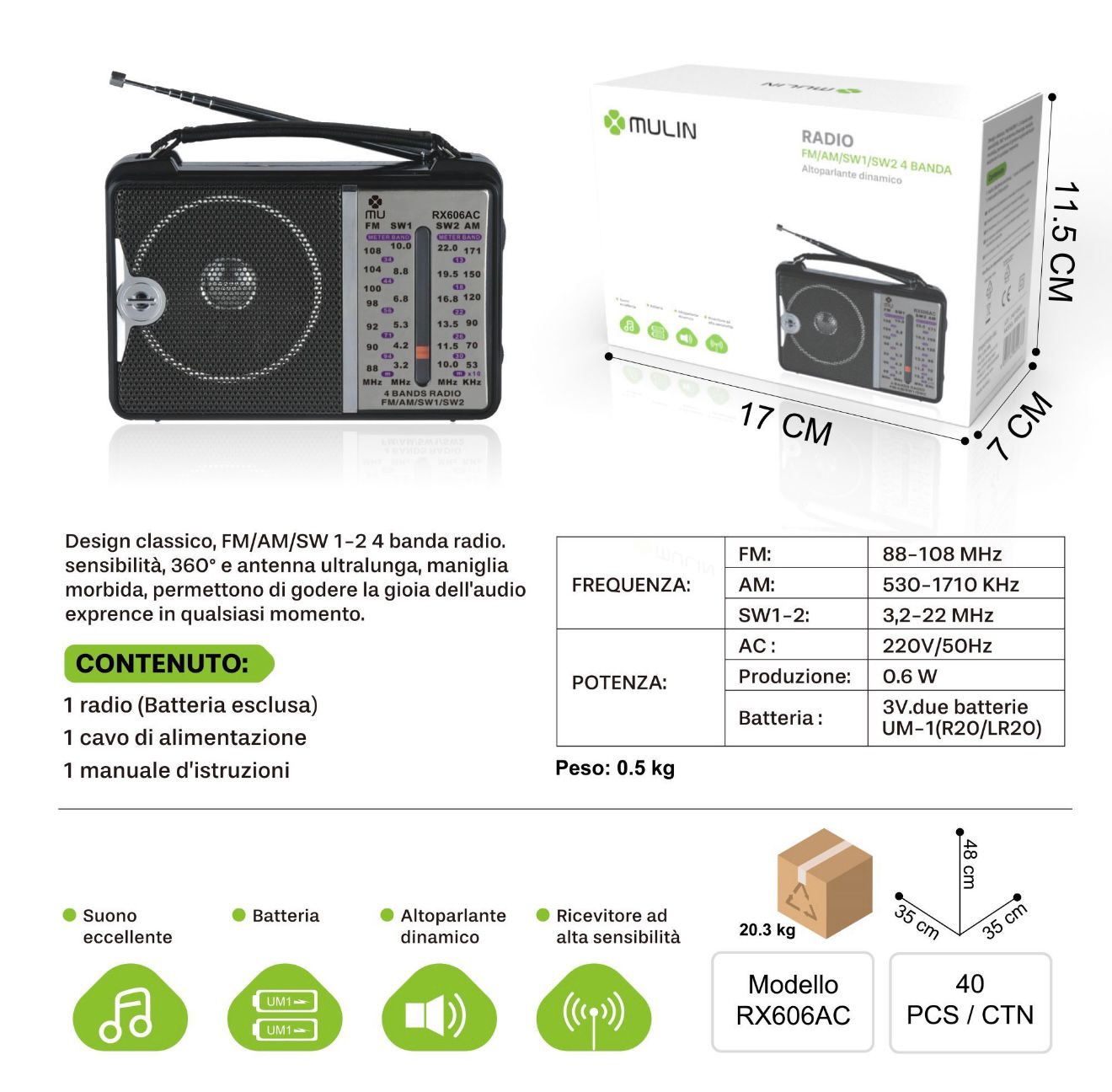 RADIO - ALTOPARLANTE DINAMICO - RICEVITORE AD ALTA SENSIBILITA'- MULIN