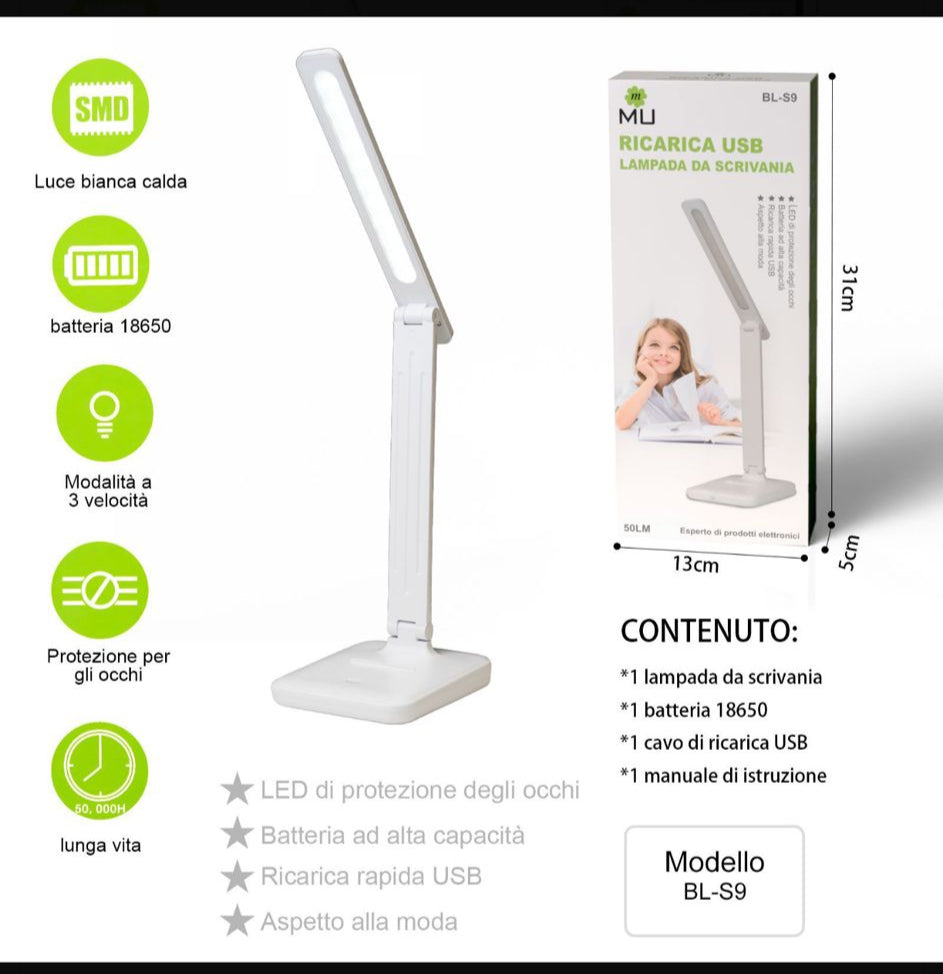 LAMPADA DA SCRIVANIA - RICARICA USB - LUCE BIANCA E CALDA